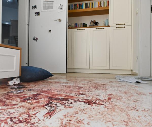 Bloodstained floor of house in Kibbutz Nahal Oz after Hamas attack