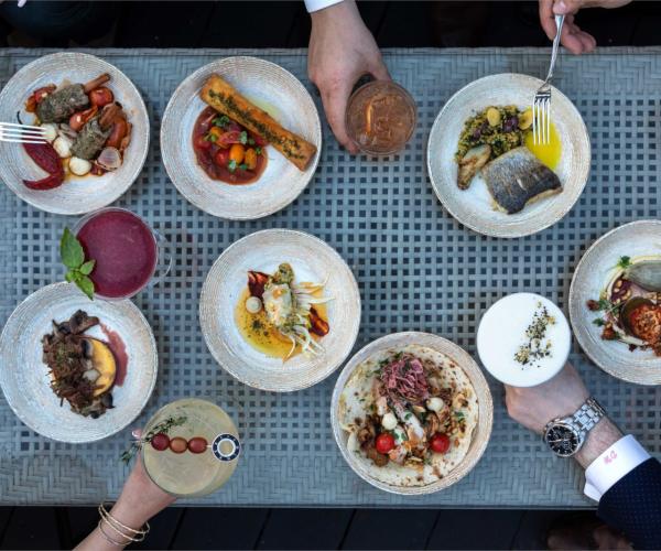 Overhead view of Terrace table with drinks and dishes