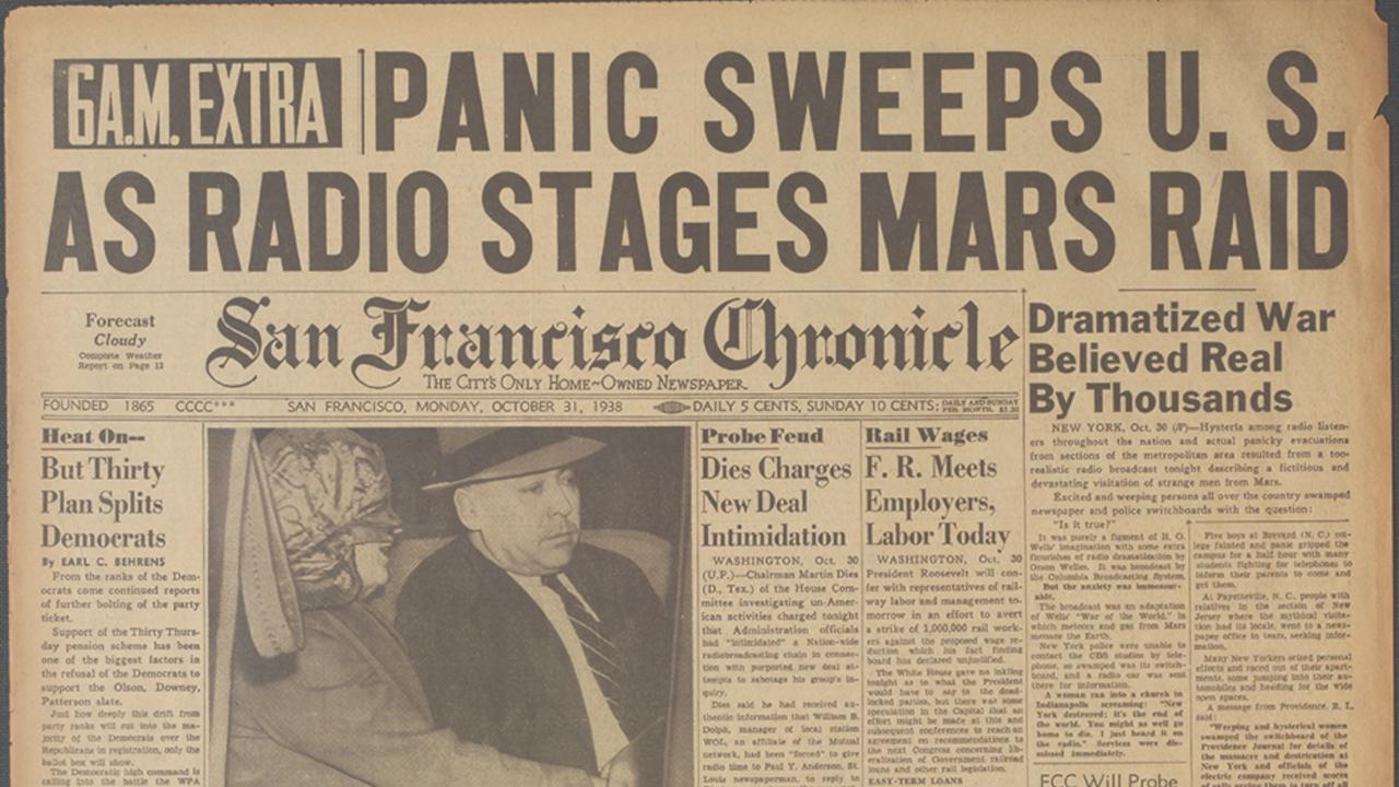 SF Chronicle Oct 31 6am Extra with headline 'Panic Sweeps U.S. as Radio Stages Mars Raid'