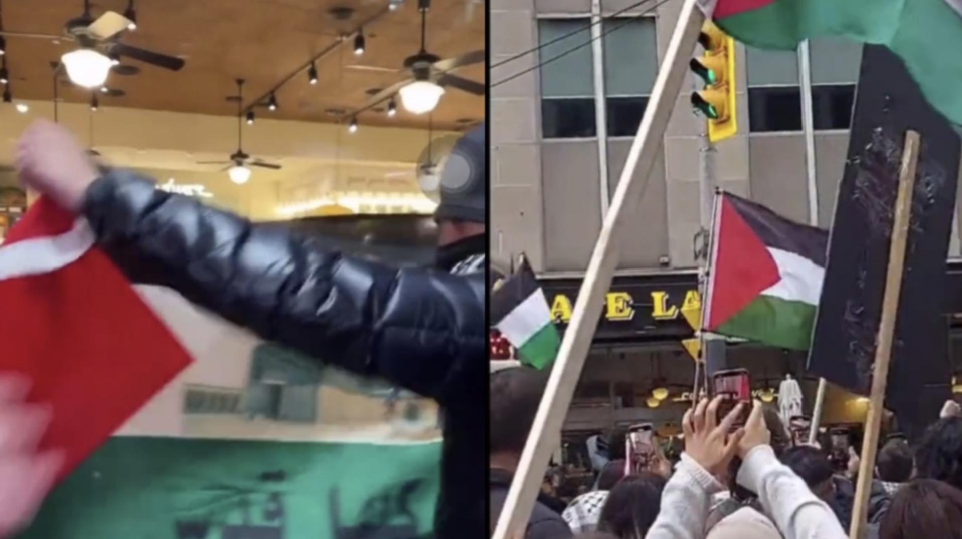 Protesters wave Palestinian flags outside of Cafe Landwer at University Avenue and Adelaide Street in Toronto Saturday, Oct. 21, 2023. 