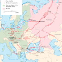 Map of the major existing and proposed Russian natural gas transportation pipelines in Europe